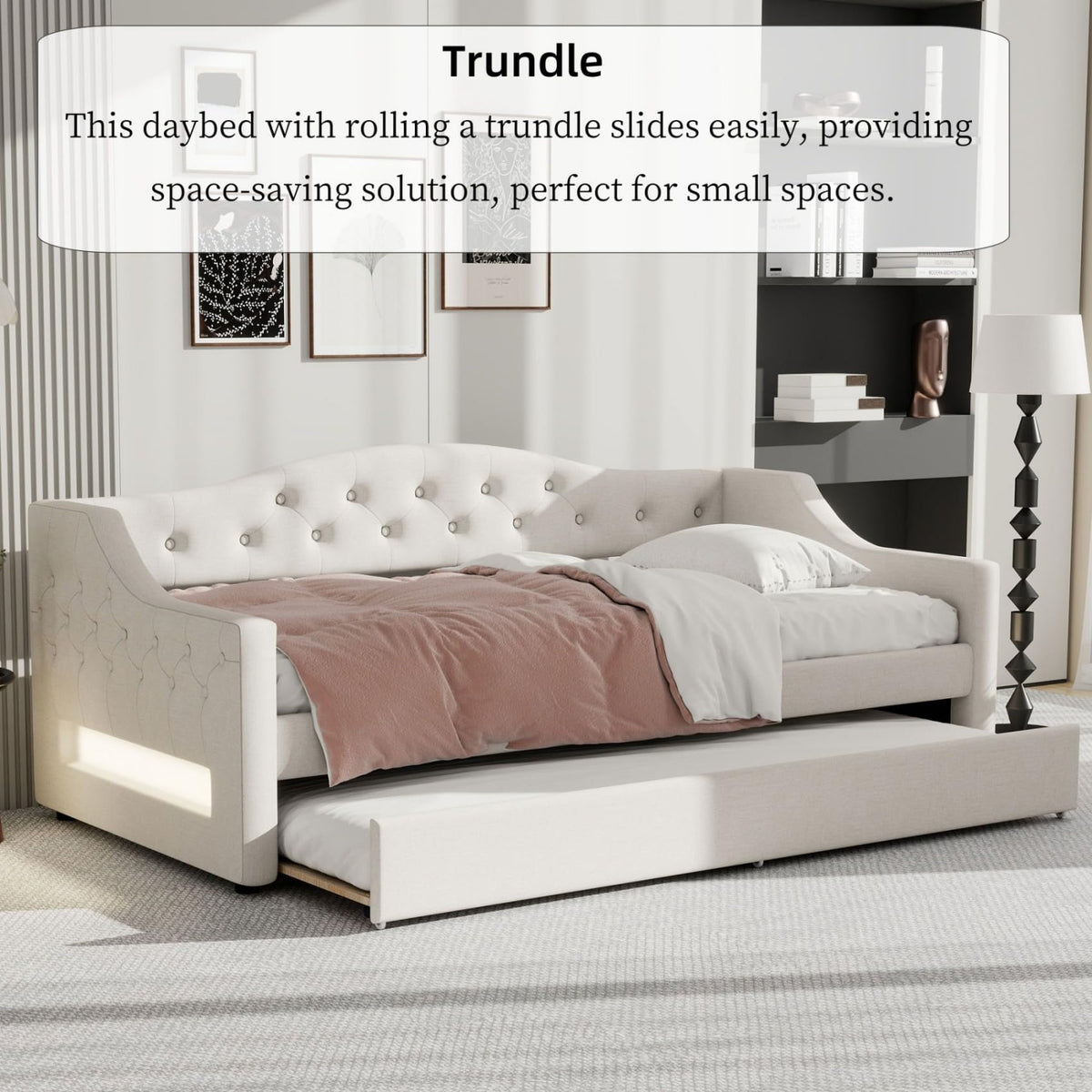 White Twin Size Linen Upholstered Daybed with Trundle B21457