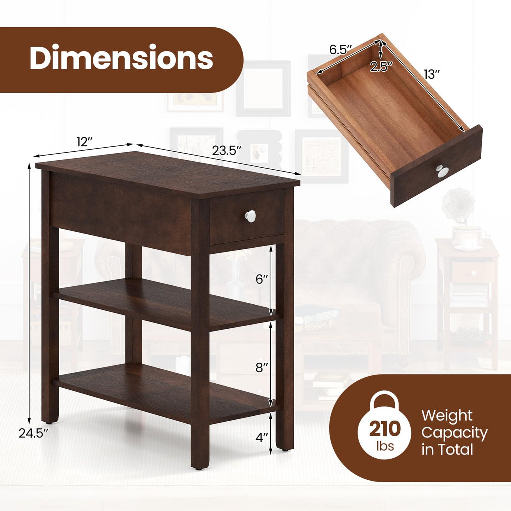 Narrow End Table Set of 2 Wood 3-Tier M2834