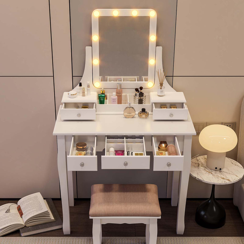 Vanity Desk with Mirror and Lights and Stool Set V804528