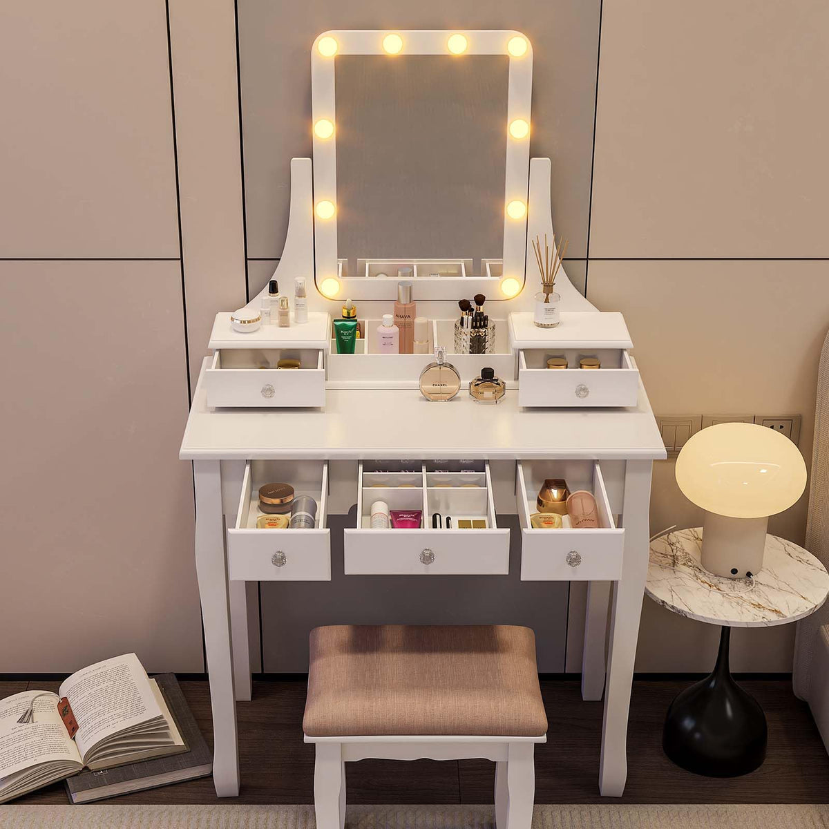 Vanity Desk with Mirror and Lights and Stool Set V804528