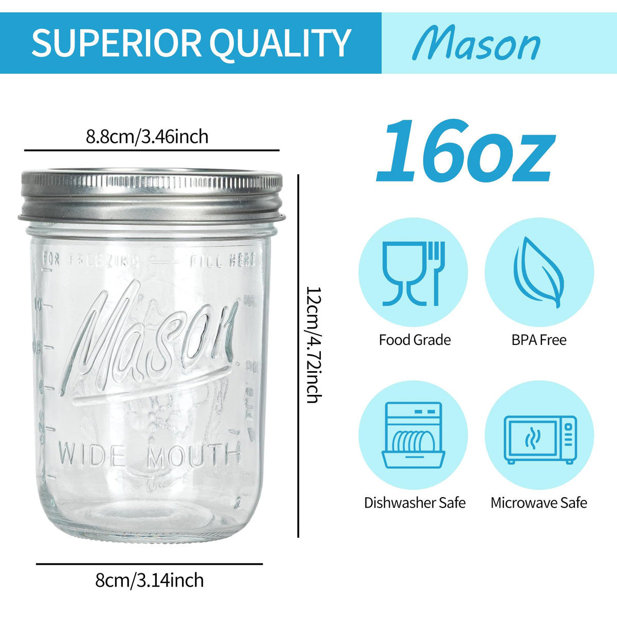 16 oz Wide Mouth Glass Mason Jars with Lids 8 Pack H272686