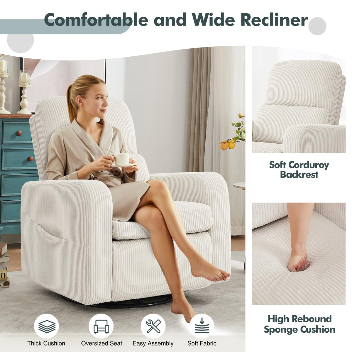 Oversized Corduroy Swivel Rocker Recliner Chair F533577