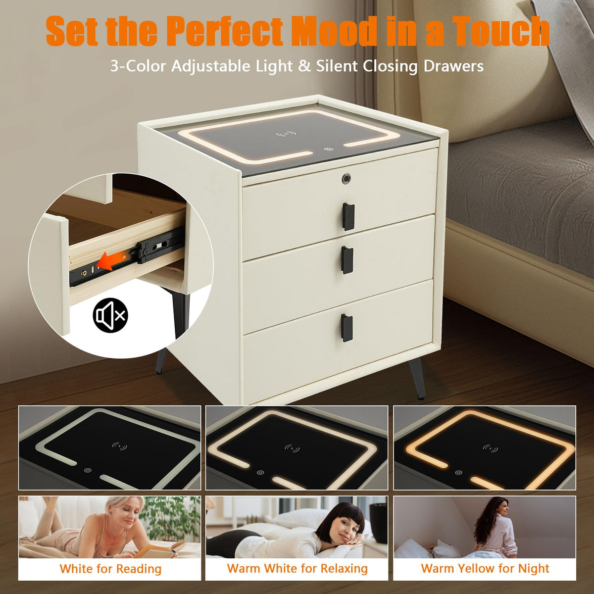 Beige White Smart LED Nightstand with USB Charging C601291