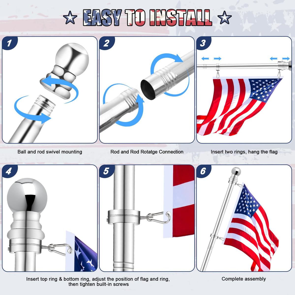 5 FT Stainless Steel Tangle Free Flag Pole T9643