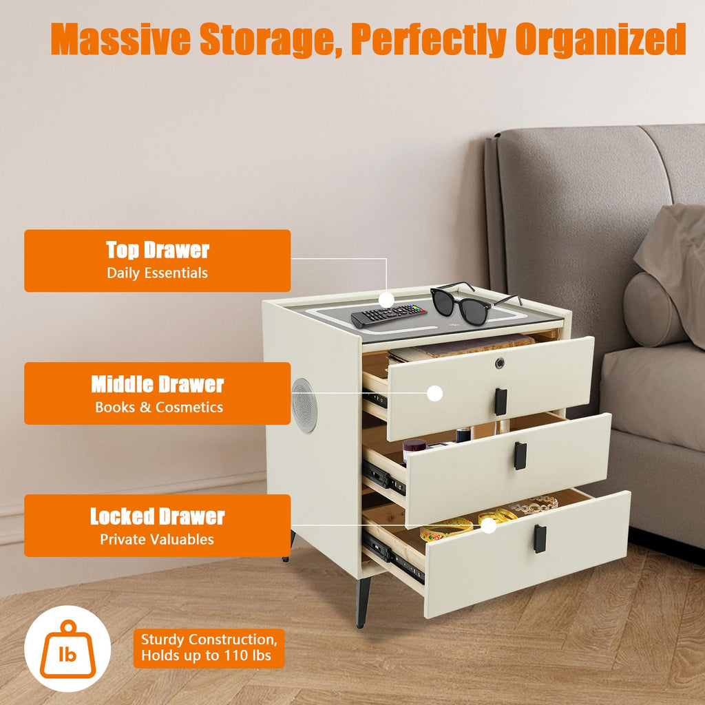 Beige White Smart LED Nightstand with USB Charging C601291
