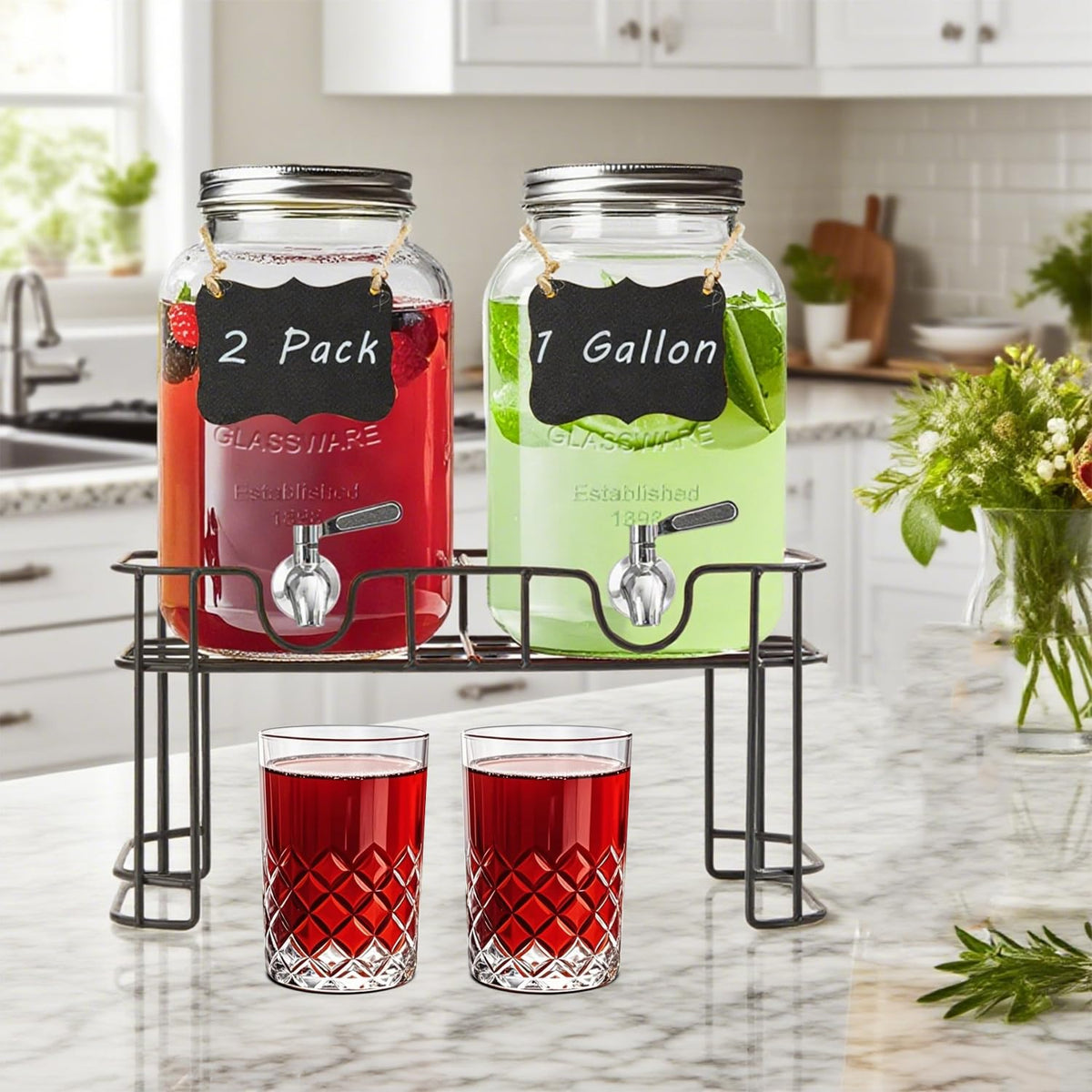 1 Gallon Glass Drink Dispenser with Stand and Spigot, 2 Pack K97215