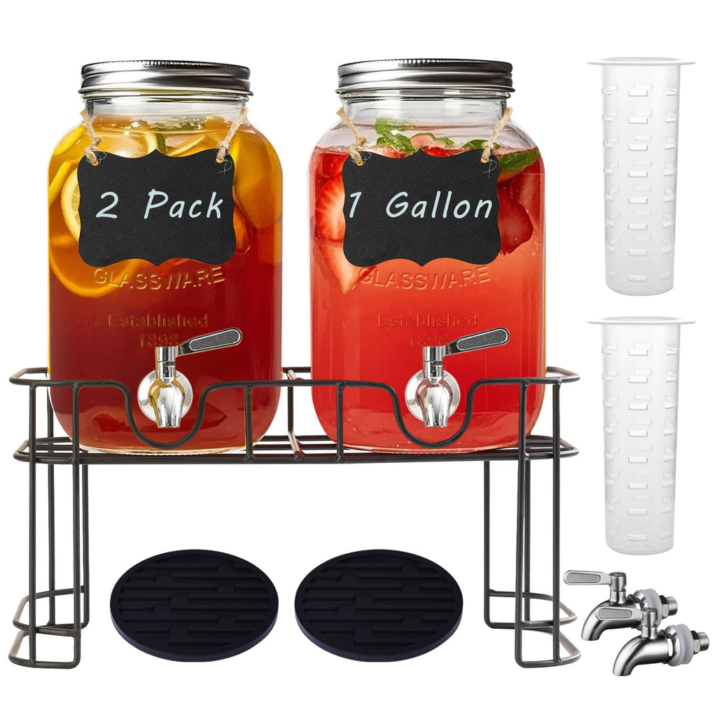 1 Gallon Glass Drink Dispenser with Stand and Spigot, 2 Pack K97215