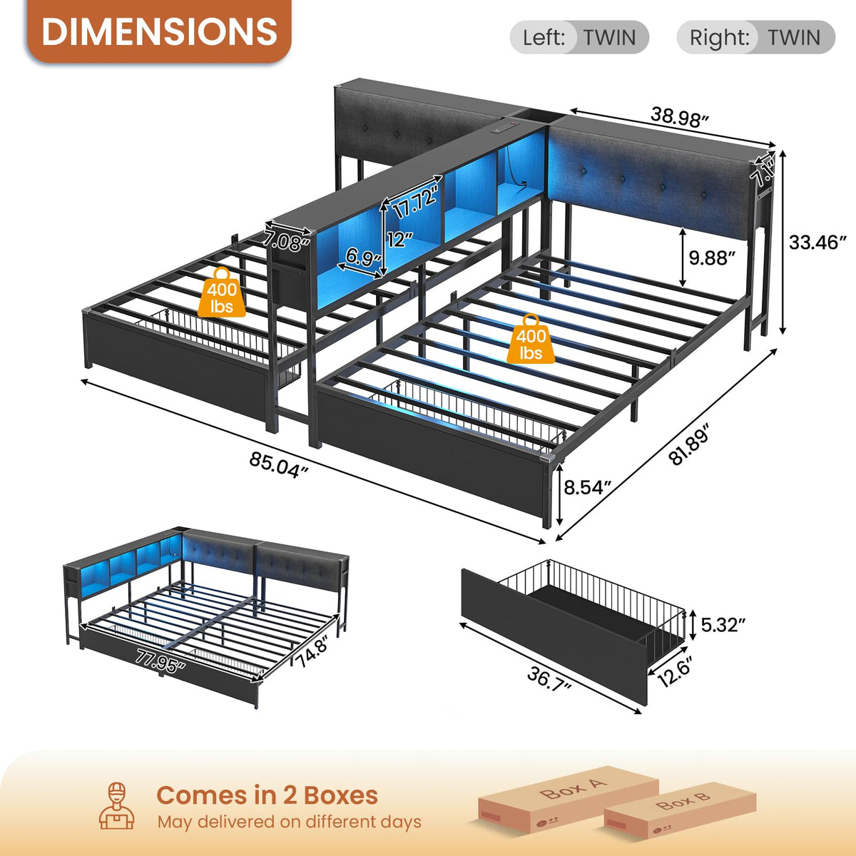 Black Twin Metal Platform Bed with Storage S721
