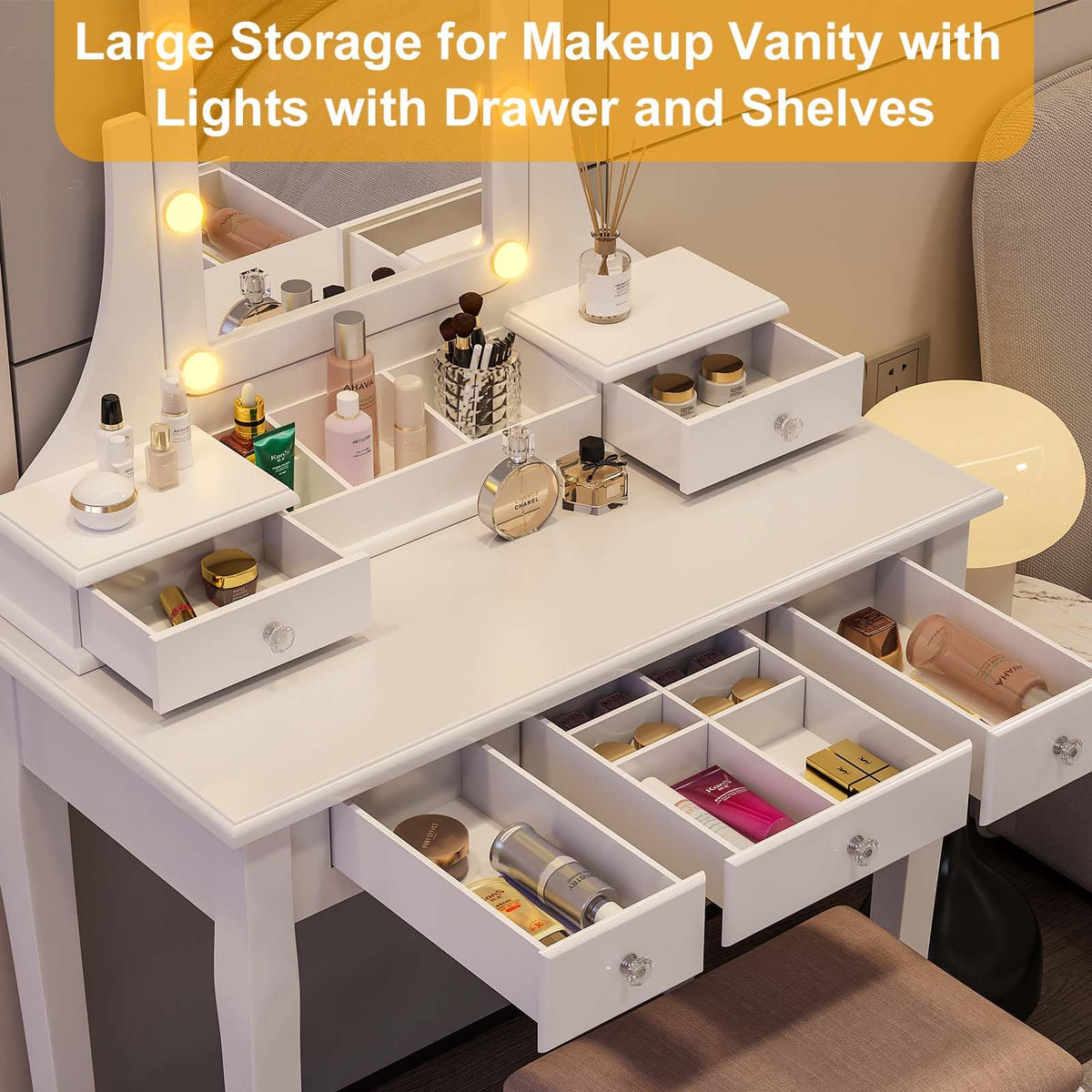 Vanity Desk with Mirror and Lights and Stool Set V804528