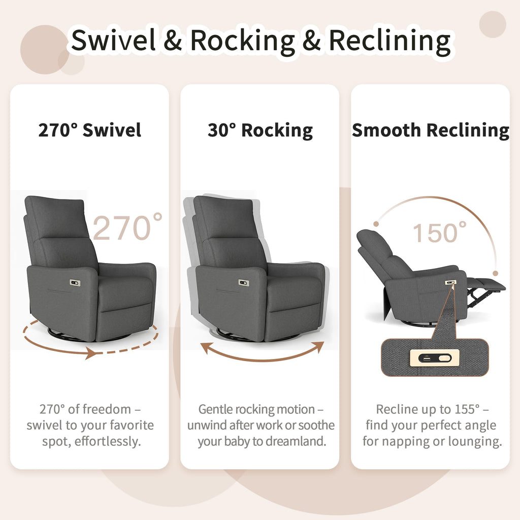 29" Electric Power Swivel Rocking Recliner Chair Dark Gray J544787