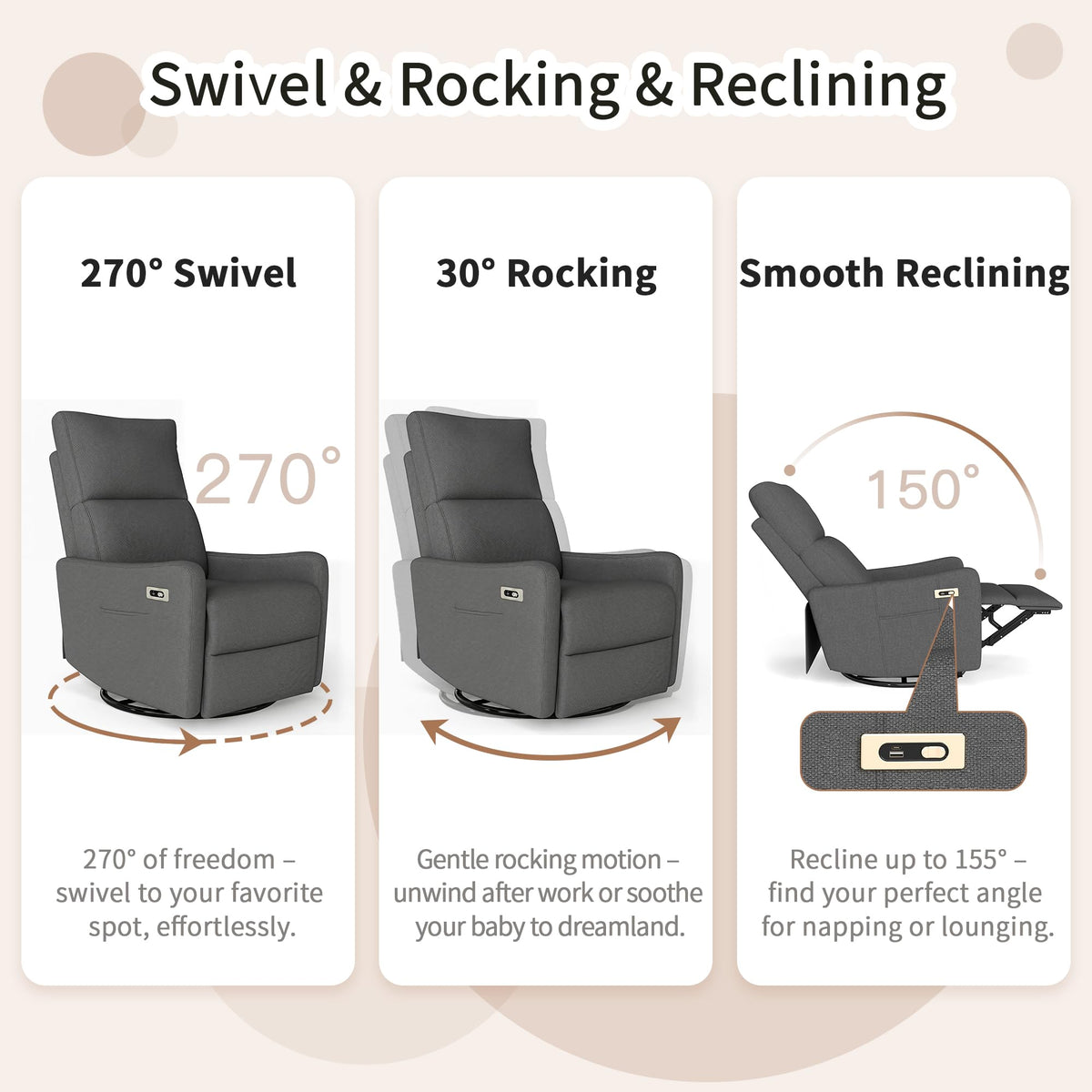 29" Electric Power Swivel Rocking Recliner Chair Dark Gray J544787