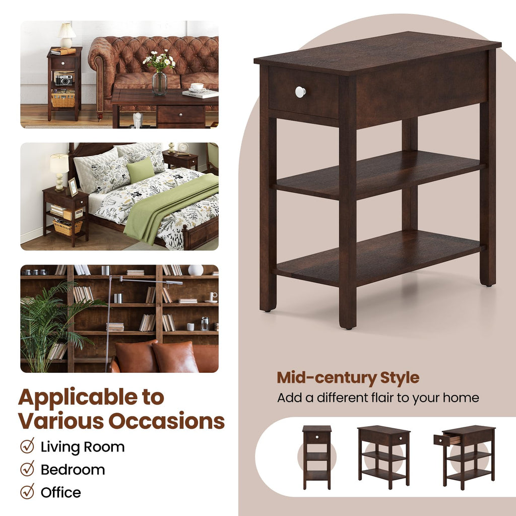 Narrow End Table Set of 2 Wood 3-Tier M2834