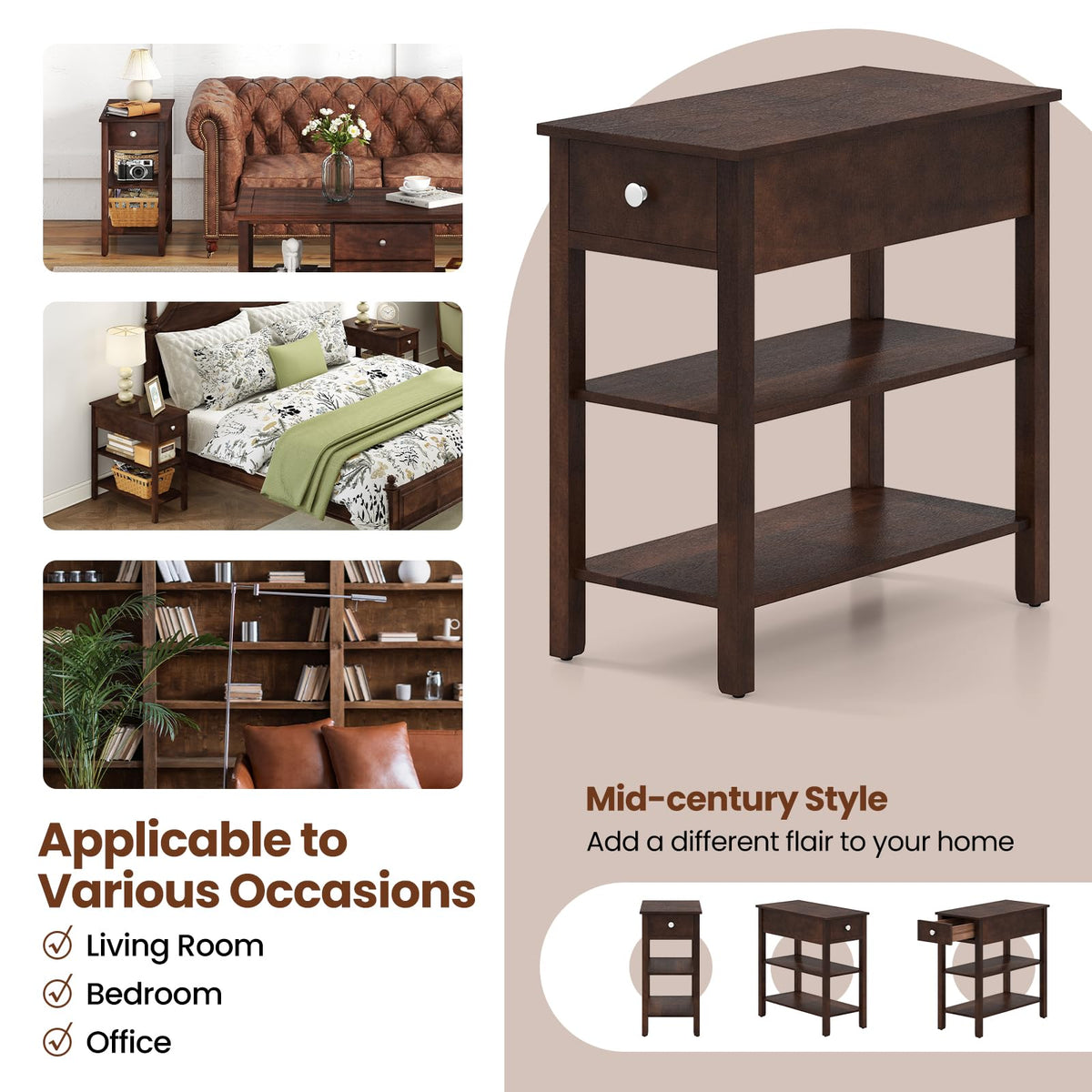 Narrow End Table Set of 2 Wood 3-Tier M2834