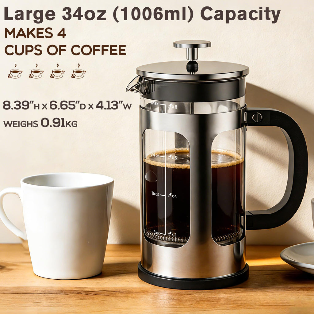 34oz Heat Resistant Glass Stainless Steel French Press Coffee Maker H289