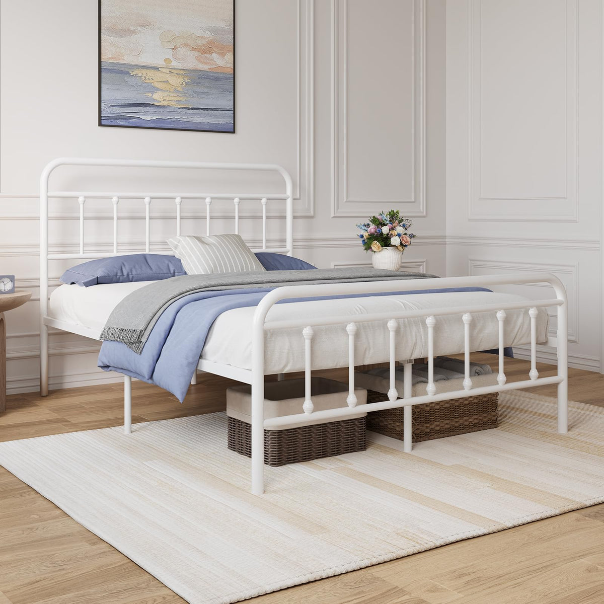 Full Size White Metal Platform Bed Frame with Headboard O537005