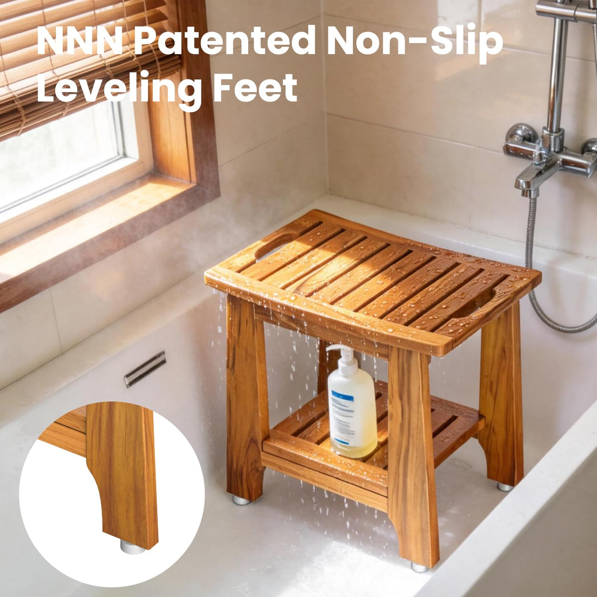 18" Teak Shower Bench with Non-Slip Leveling Feet G249