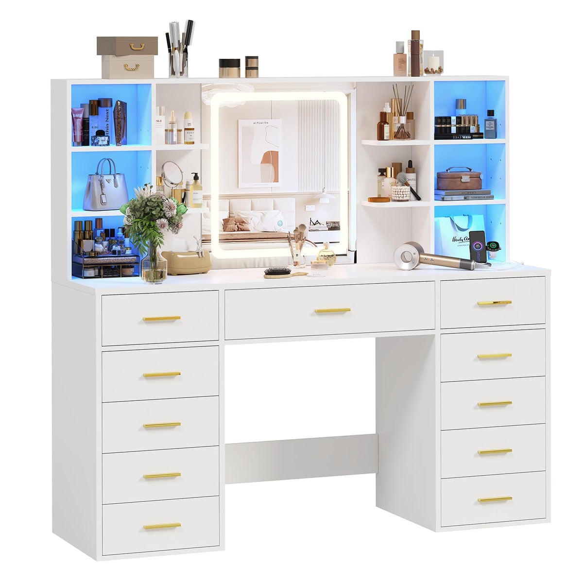 55" Extra-Wide White Makeup Vanity Desk with Lighted Mirror & 11 Drawers K997