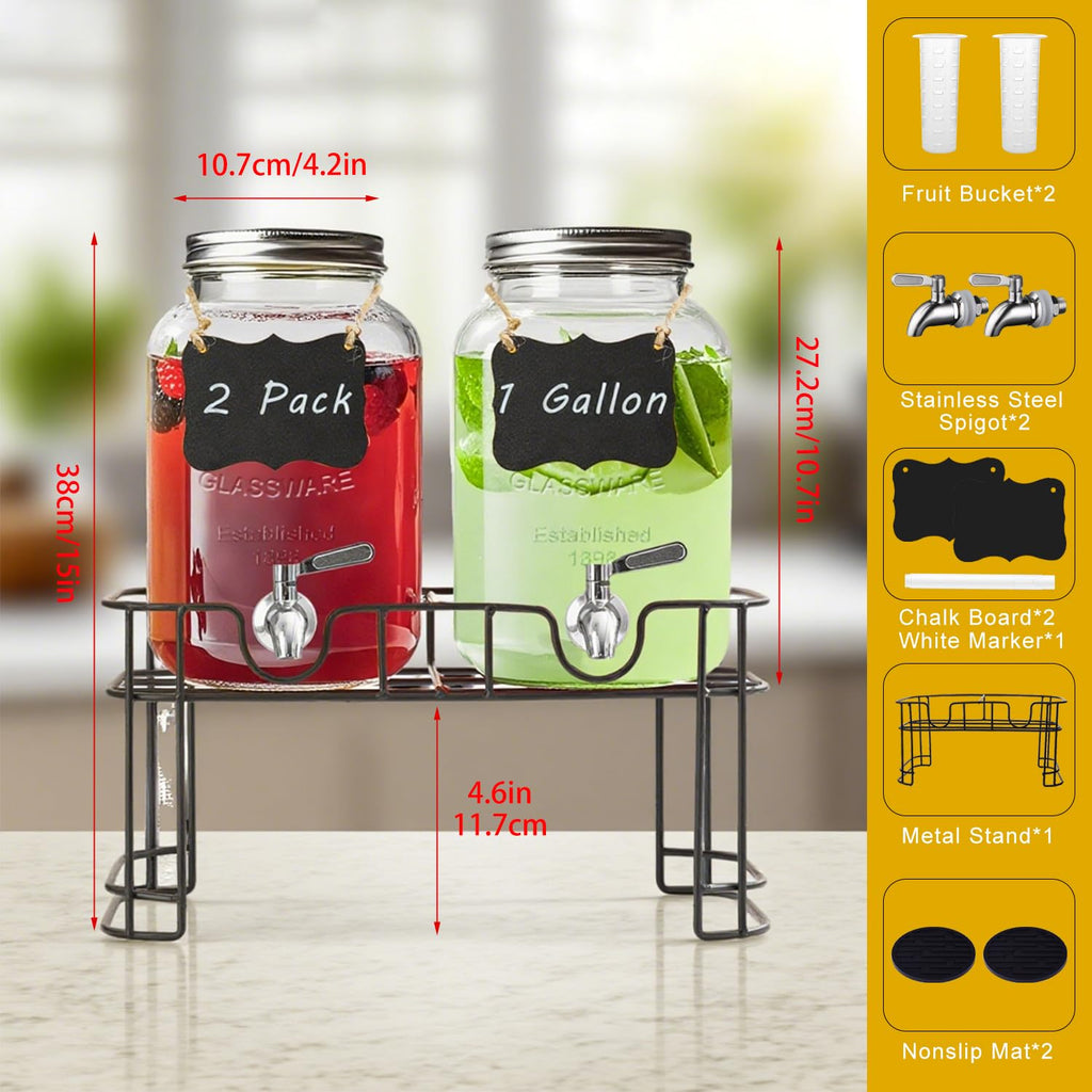 1 Gallon Glass Drink Dispenser with Stand and Spigot, 2 Pack K97215