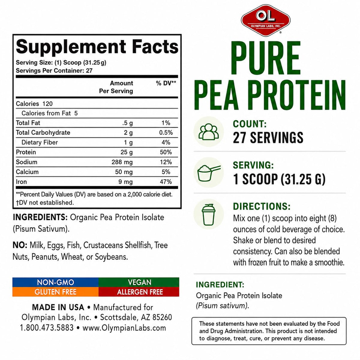 Plant Based Pea Protein Powder, Unflavored, 2 Pound J760