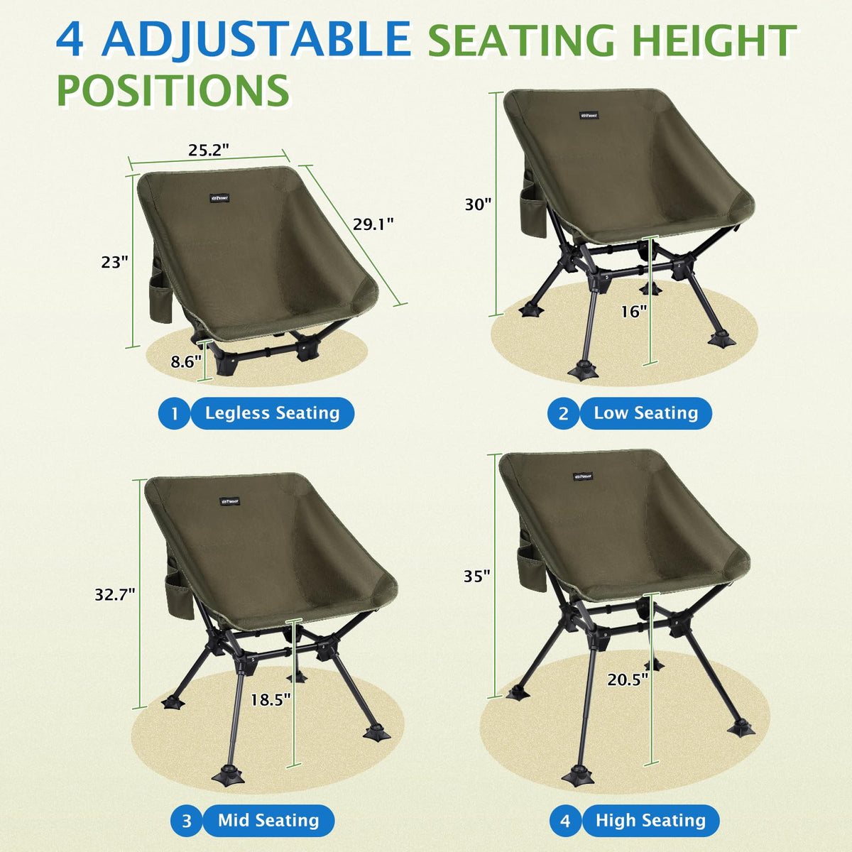 2 Pack Green Folding Camping Chair with Storage Bag X1590