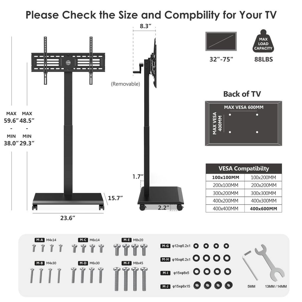 Hand Crank Lift TV Stand with Wheels for 32-75 Inch TVs, Black H912
