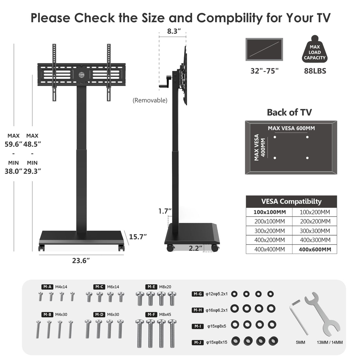 Hand Crank Lift TV Stand with Wheels for 32-75 Inch TVs, Black H912