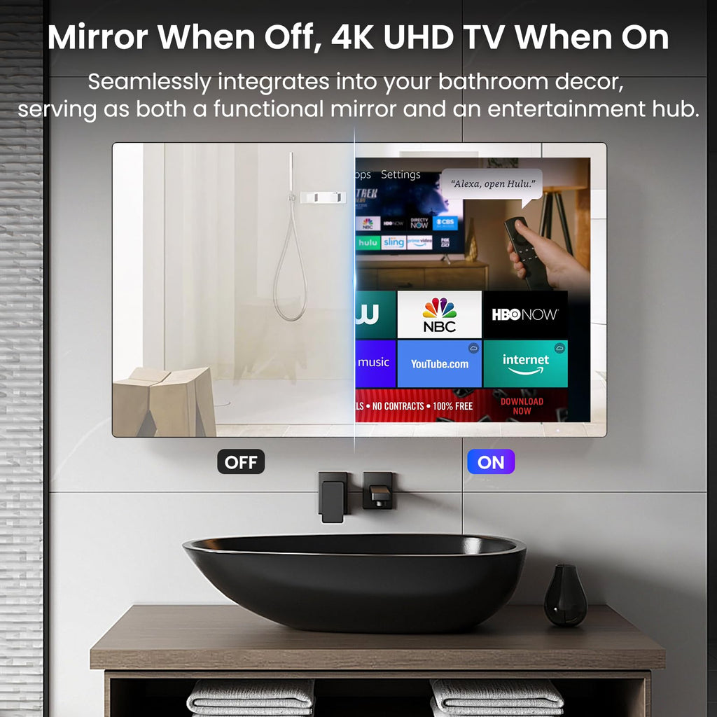 32" 4K Ultra HD Smart Bathroom Mirror TV, IP66 Waterproof, Wall Mounted K92107