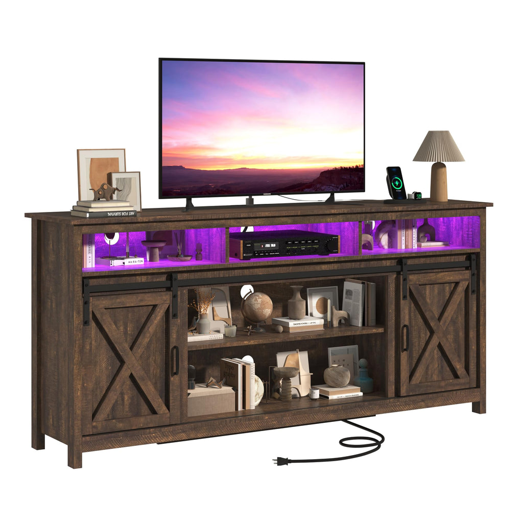 Farmhouse TV Stand with Power Outlet and Sliding Barn Doors F65915