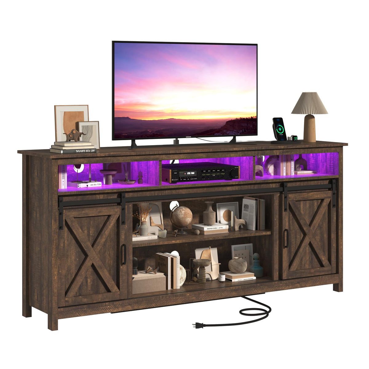Farmhouse TV Stand with Power Outlet and Sliding Barn Doors F65915