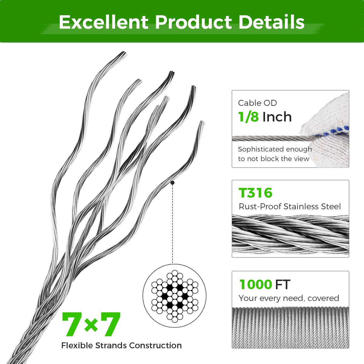 1/8” T316 Stainless Steel Cable 7x7 Wire Rope O22621