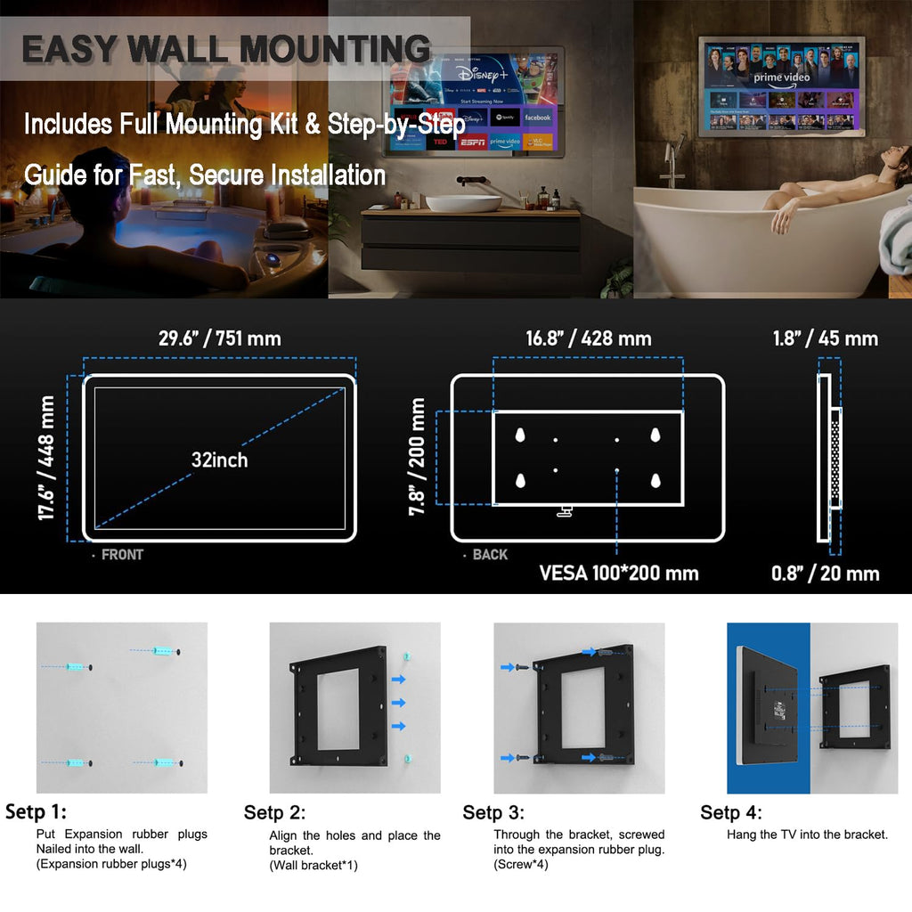32" 4K Ultra HD Smart Bathroom Mirror TV, IP66 Waterproof, Wall Mounted K92107