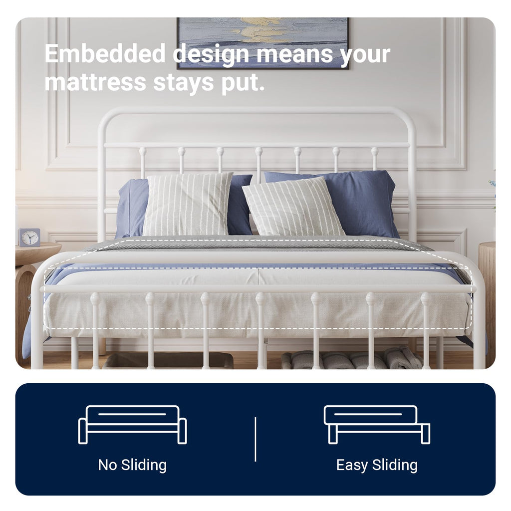 Full Size White Metal Platform Bed Frame with Headboard O537005