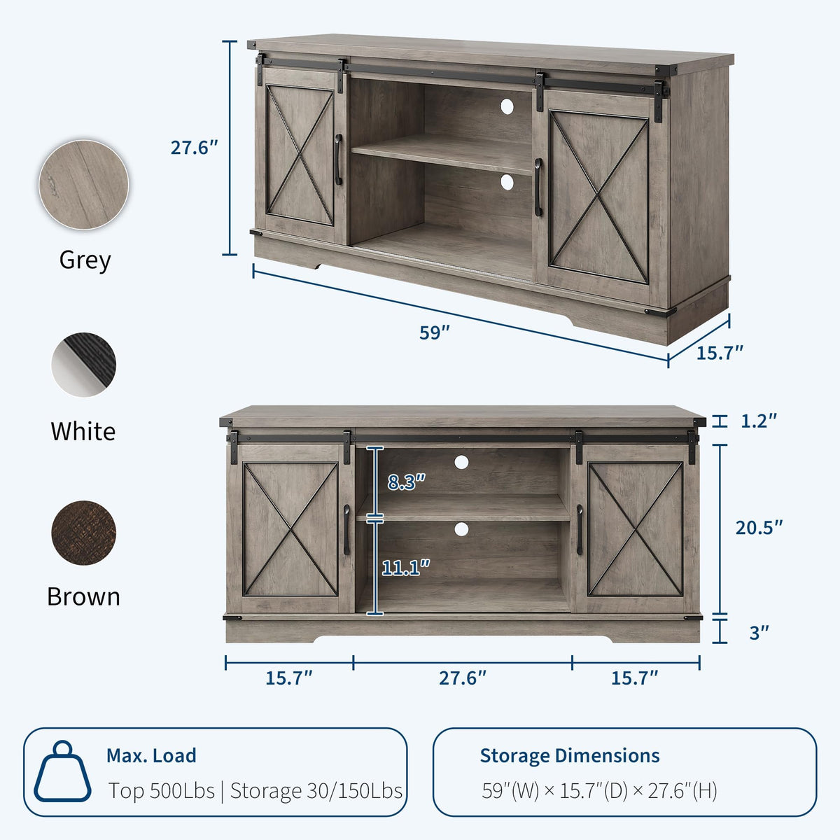 Farmhouse TV Stand with Sliding Barn Doors and Storage Cabinets, Grey P8467