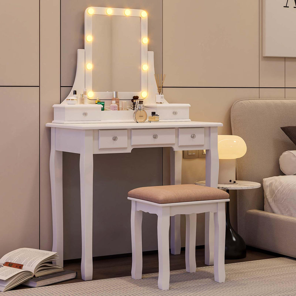 Vanity Desk with Mirror and Lights and Stool Set V804528