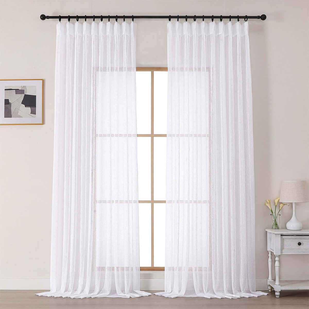 White Sheer Pinch Pleated Curtains 96 Inches 2 Panels O707