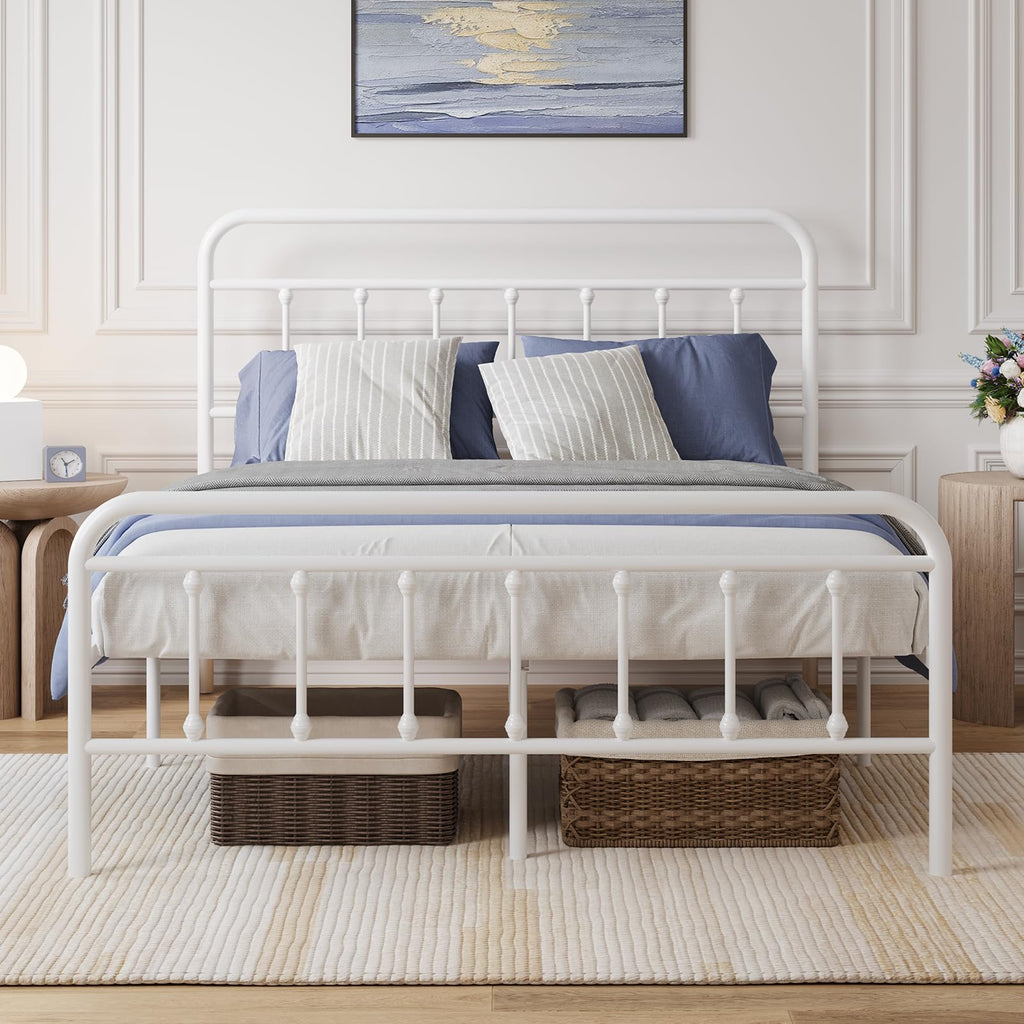 Full Size White Metal Platform Bed Frame with Headboard O537005