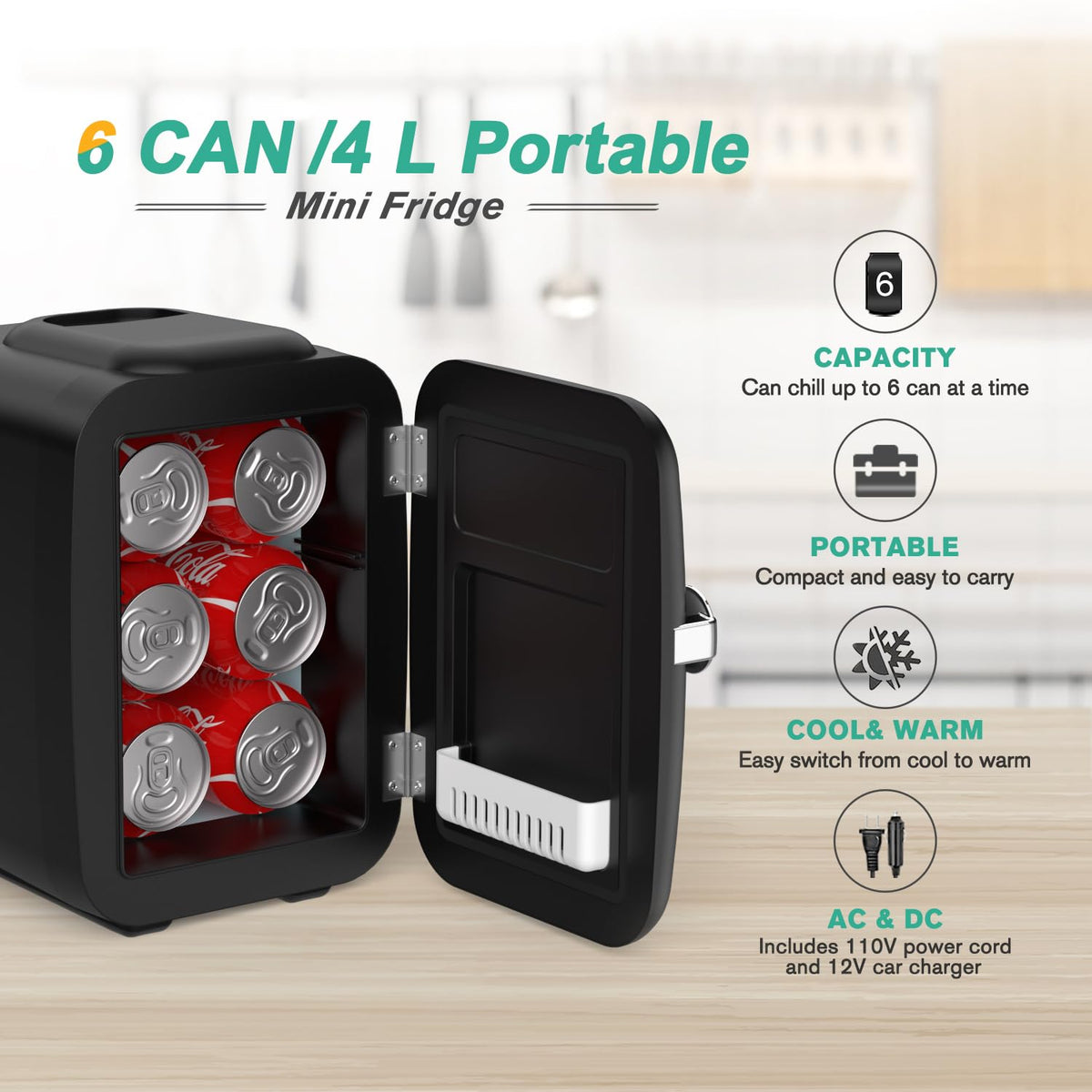 4 Liter 6 Can Portable Cooler and Warmer Mini Fridge B3411