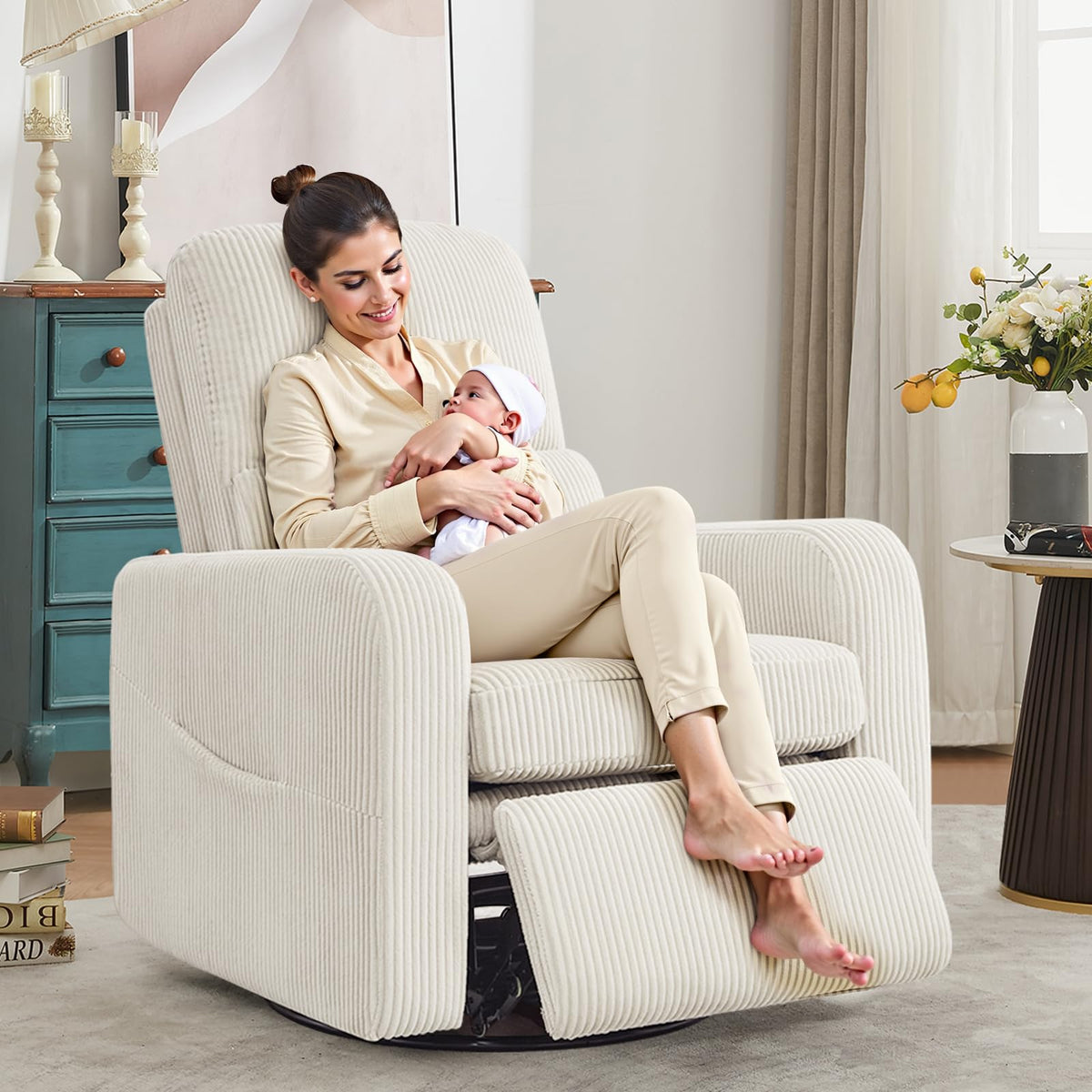 Oversized Corduroy Swivel Rocker Recliner Chair F533577