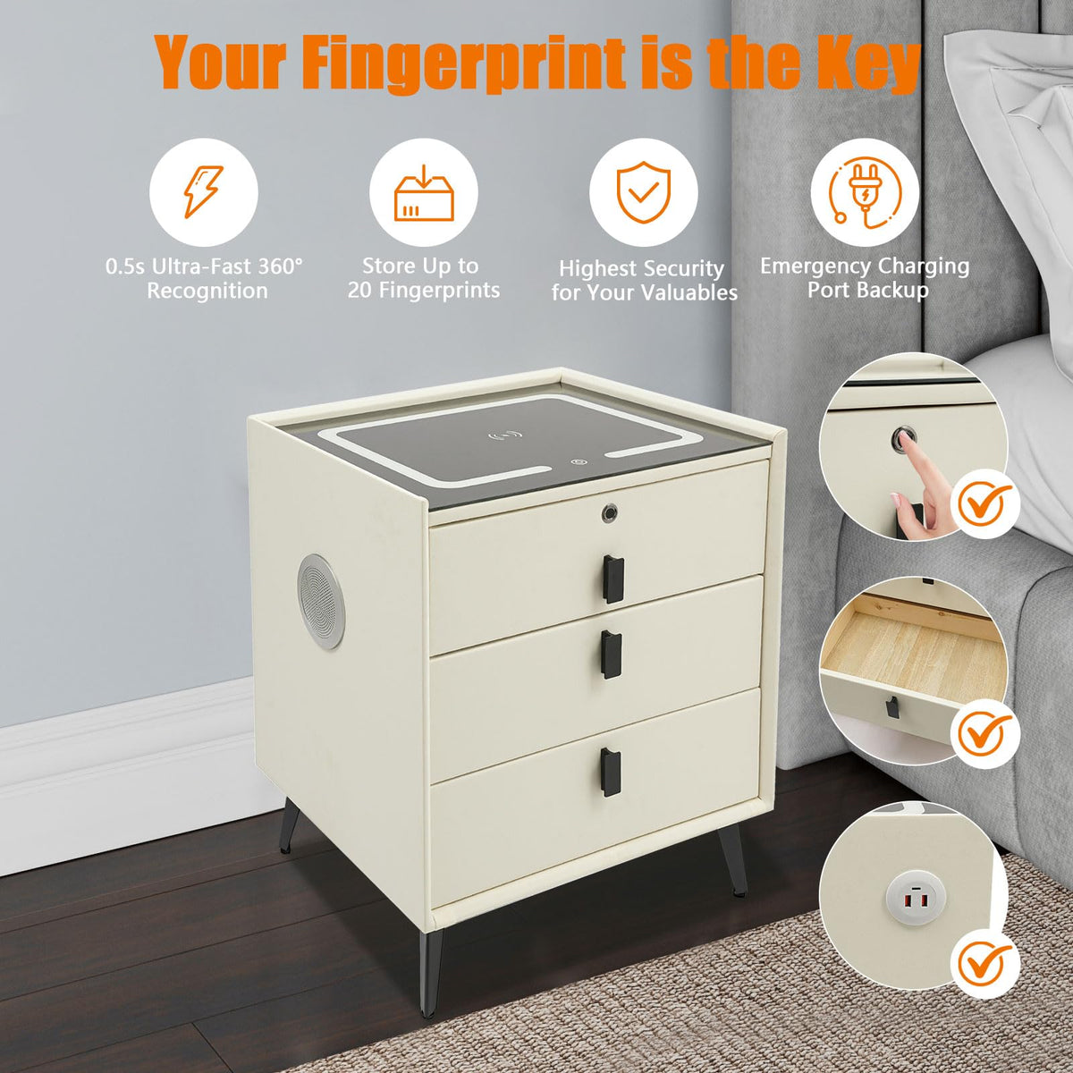 Beige White Smart LED Nightstand with USB Charging C601291