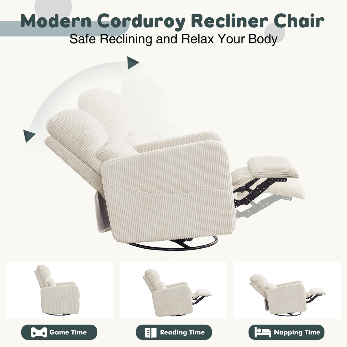 Oversized Corduroy Swivel Rocker Recliner Chair F533577
