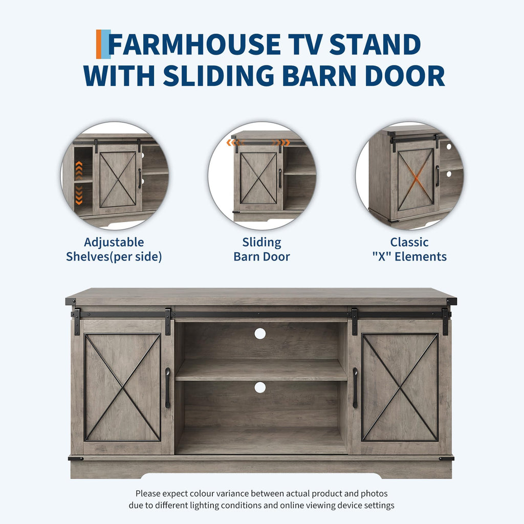 Farmhouse TV Stand with Sliding Barn Doors and Storage Cabinets, Grey P8467