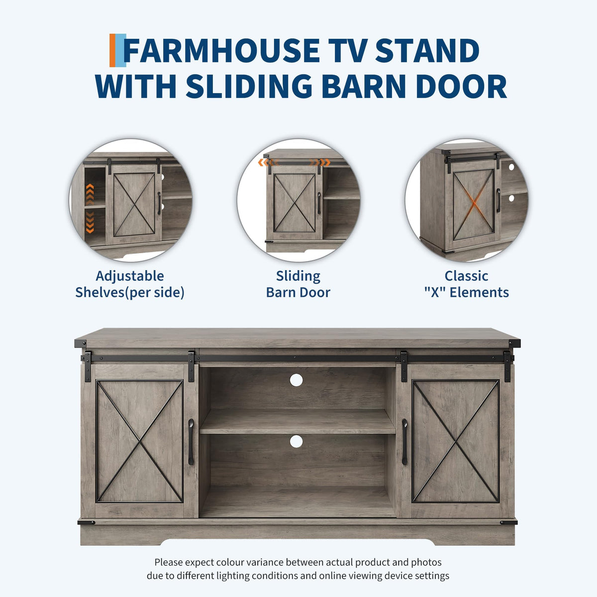 Farmhouse TV Stand with Sliding Barn Doors and Storage Cabinets, Grey P8467