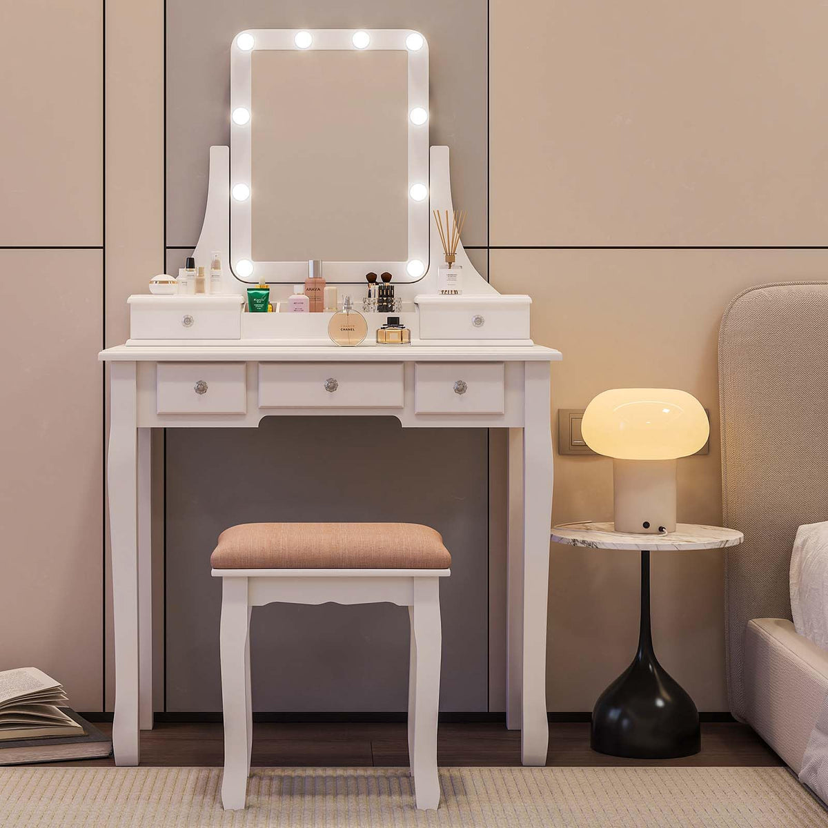 Vanity Desk with Mirror and Lights and Stool Set V804528