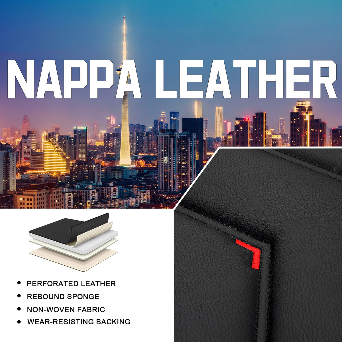 Black Red Nappa Leather Car Seat Covers Set S967235