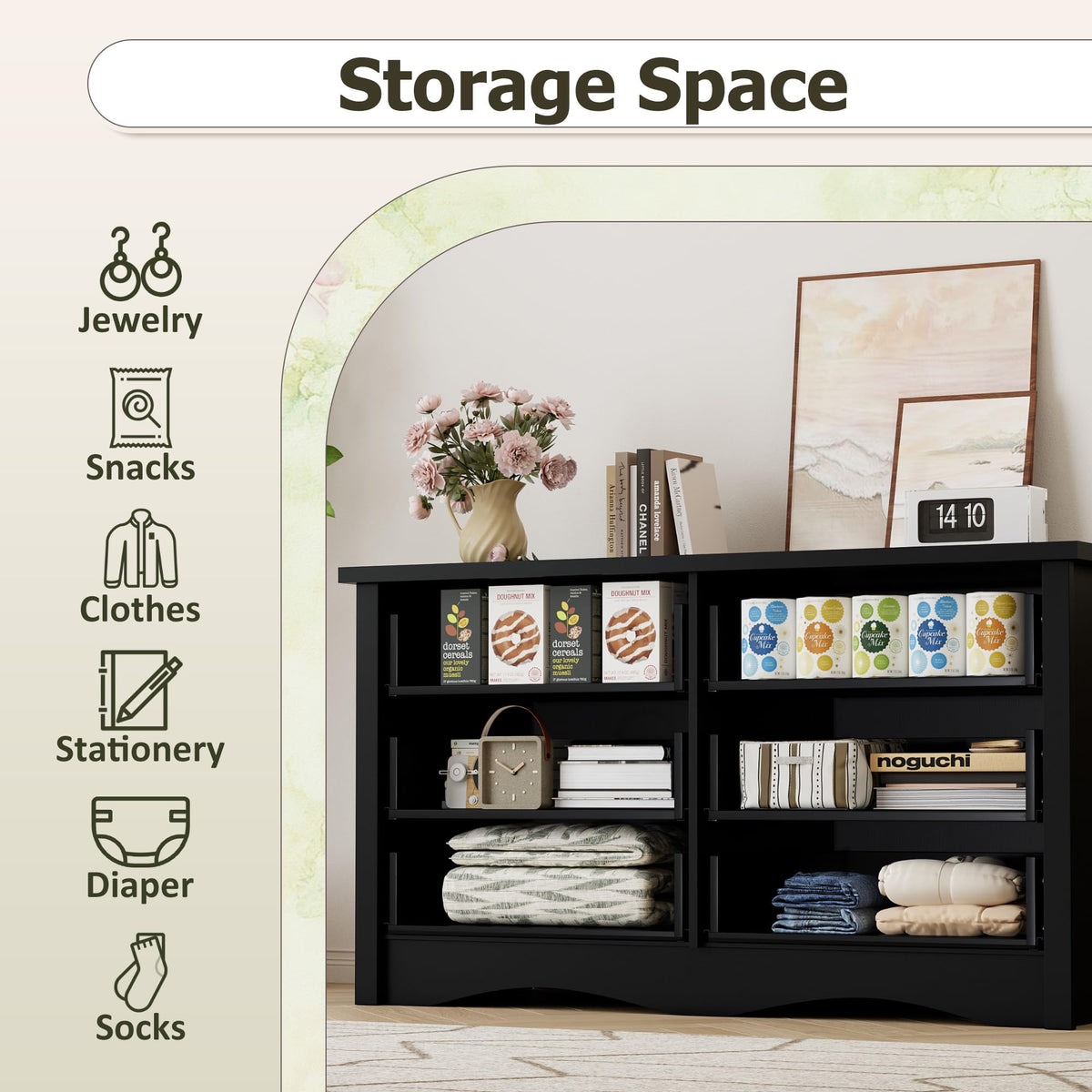 Black 6 Drawer Wood Dresser Q617