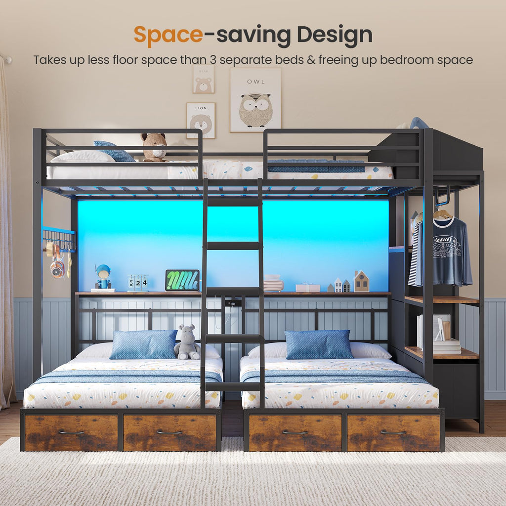 Black Triple Bunk Bed with 8 Storage Drawers and Stair V25739