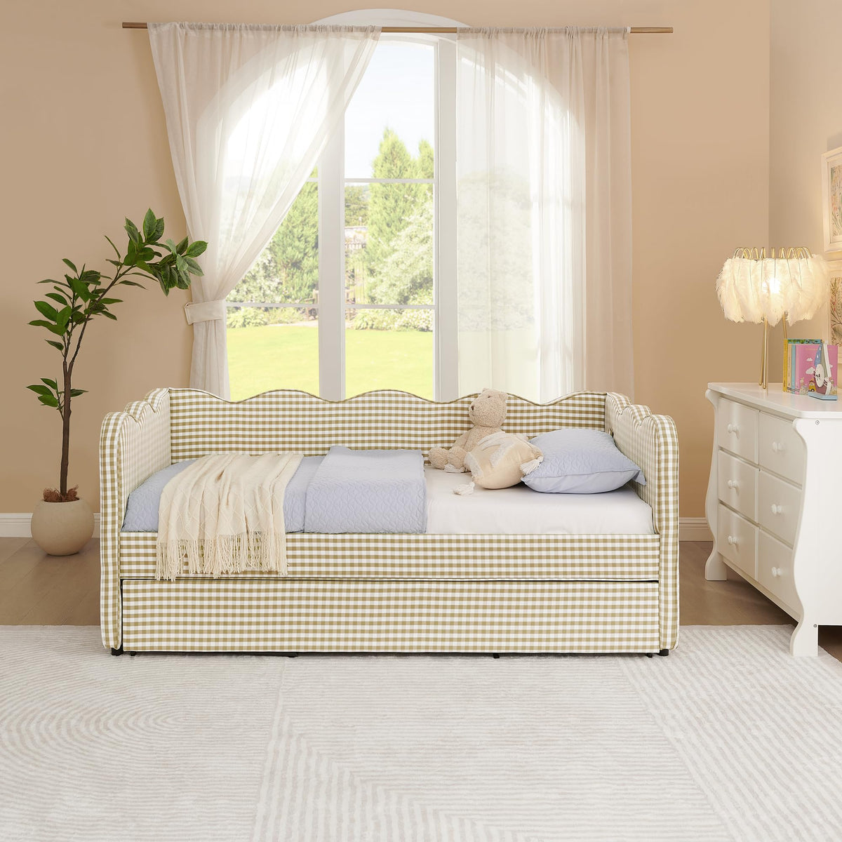 Twin Size Gingham Daybed with Trundle and USB Ports X920