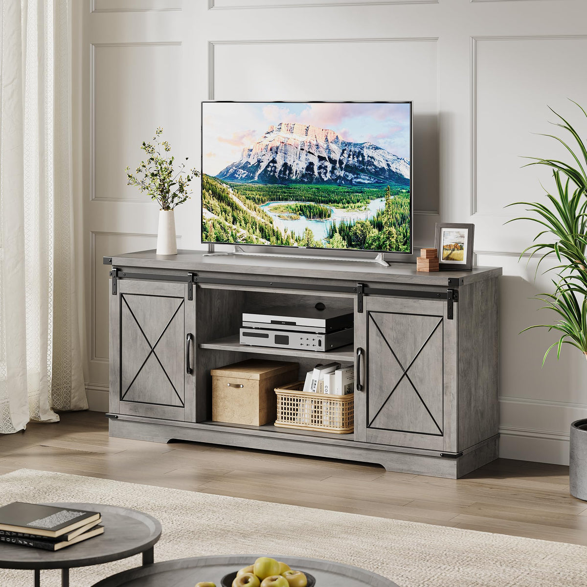 59" Farmhouse TV Stand with Sliding Barn Doors & Adjustable Shelves, Gray P5734