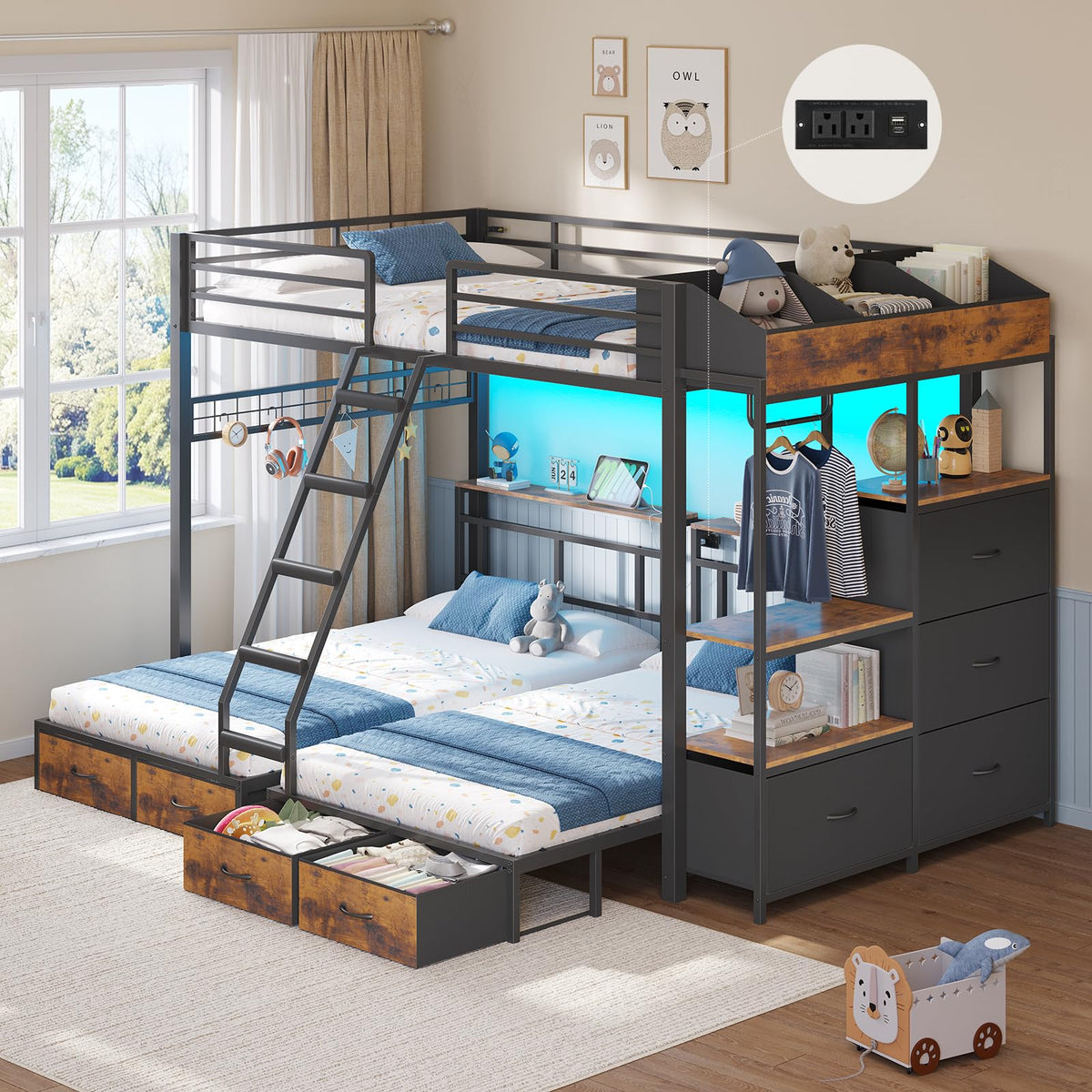 Black Triple Bunk Bed with 8 Storage Drawers and Stair V25739