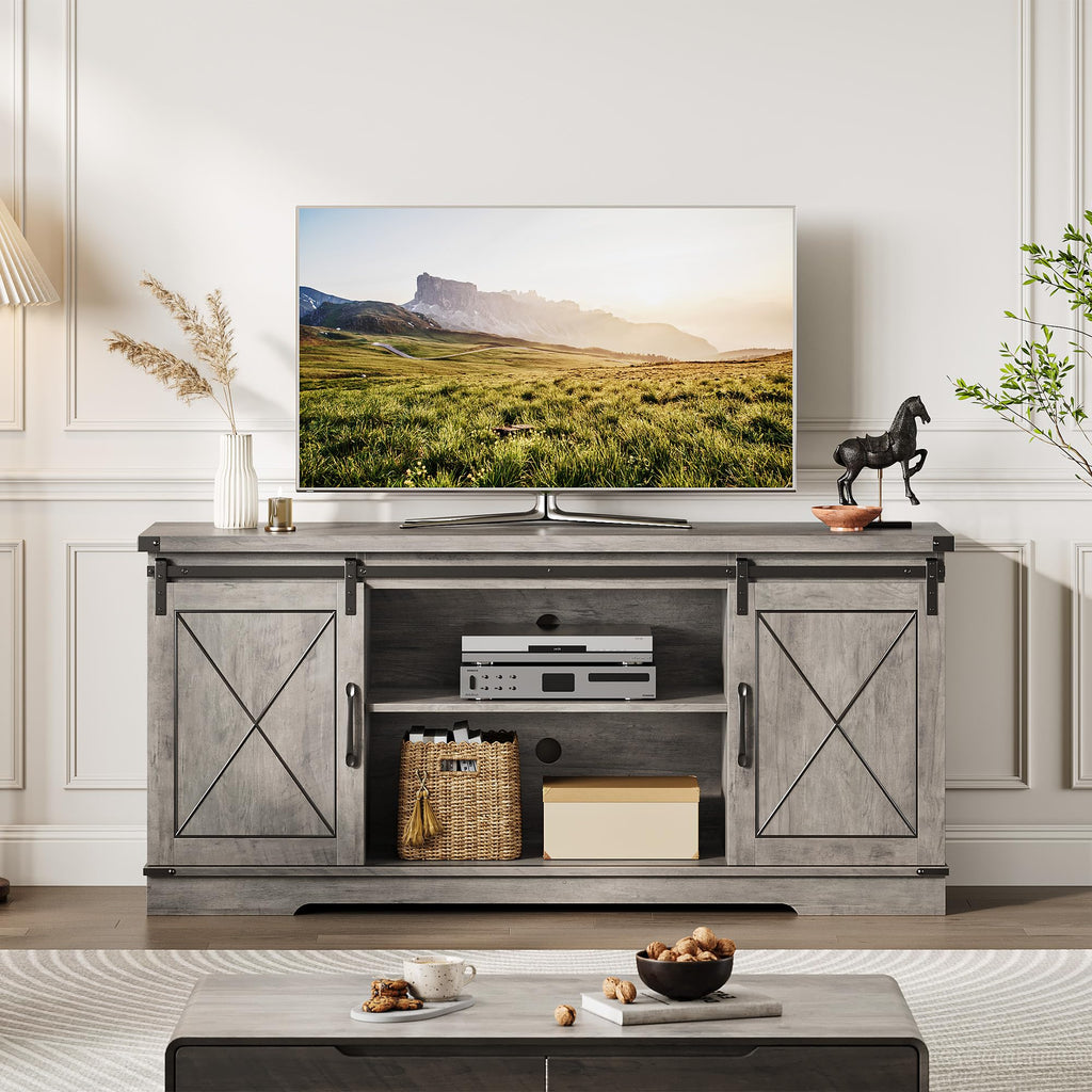 59" Farmhouse TV Stand with Sliding Barn Doors & Adjustable Shelves, Gray P5734